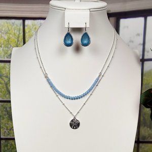💖💖NIB AVON 2 TIER SILVER TONE SAND DOLLAR NECKLACE AND EARRING SET (BLUE)